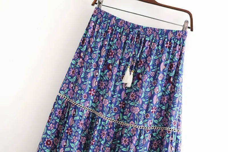 Amethyst Meadow: Boho Floral Tassel Maxi Skirt