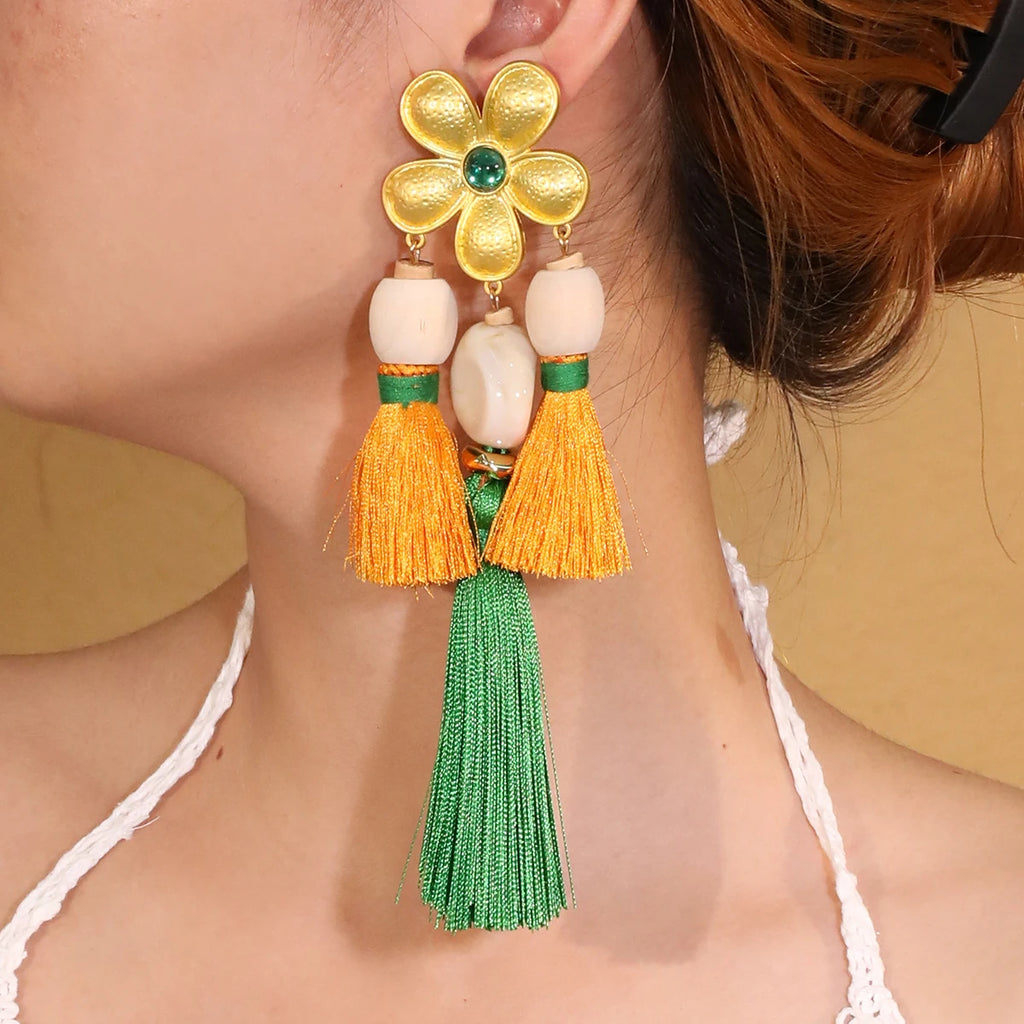 Tropic Bloom: Boho Floral & Double Tassel Statement Earrings