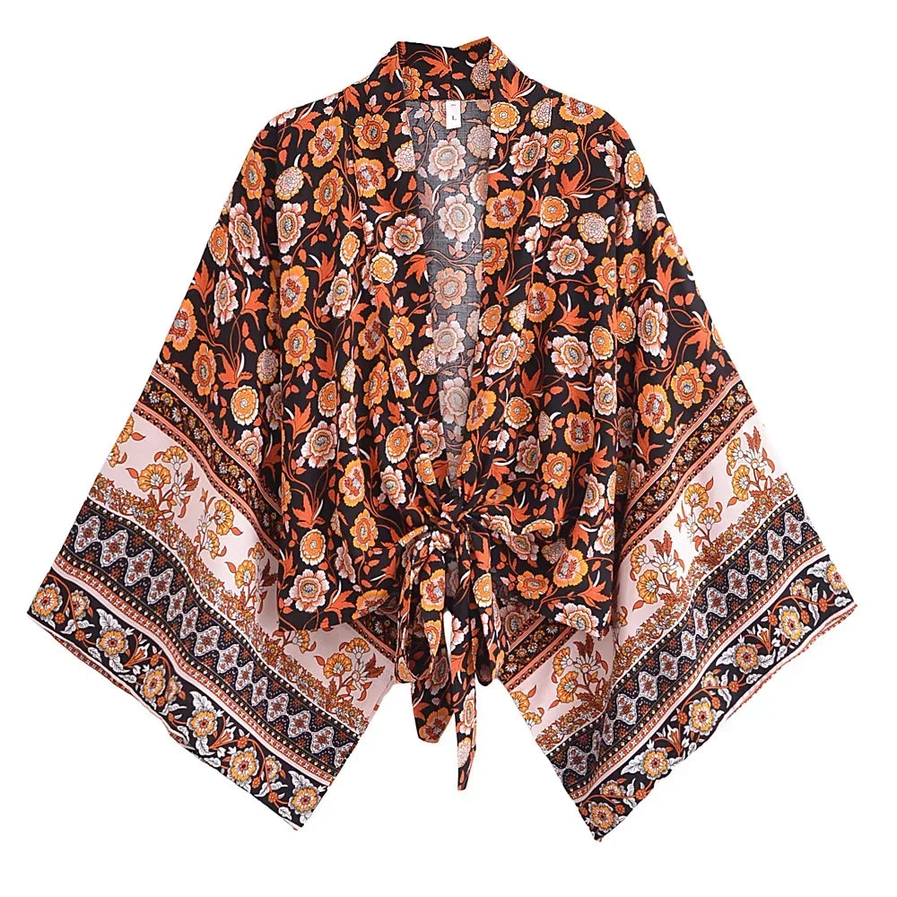Boho Tie-Front Floral Kimono – Lightweight Rayon Beach Cover-Up