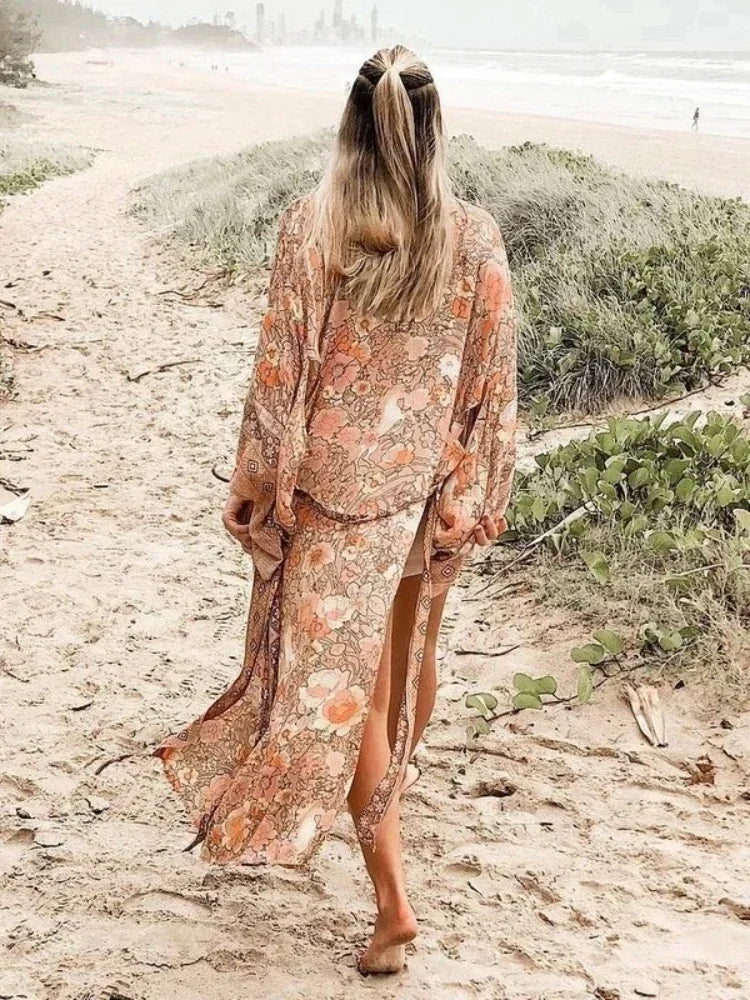 Boho Floral Kimono Maxi Dress – 100% Rayon