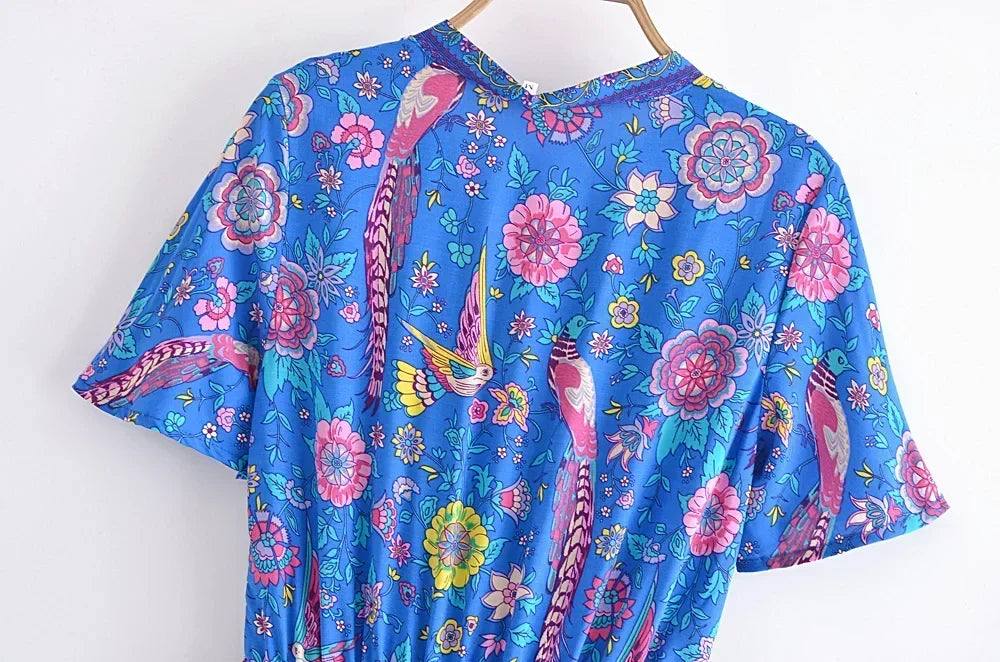 Blue Peacock Floral Boho Mini Dress