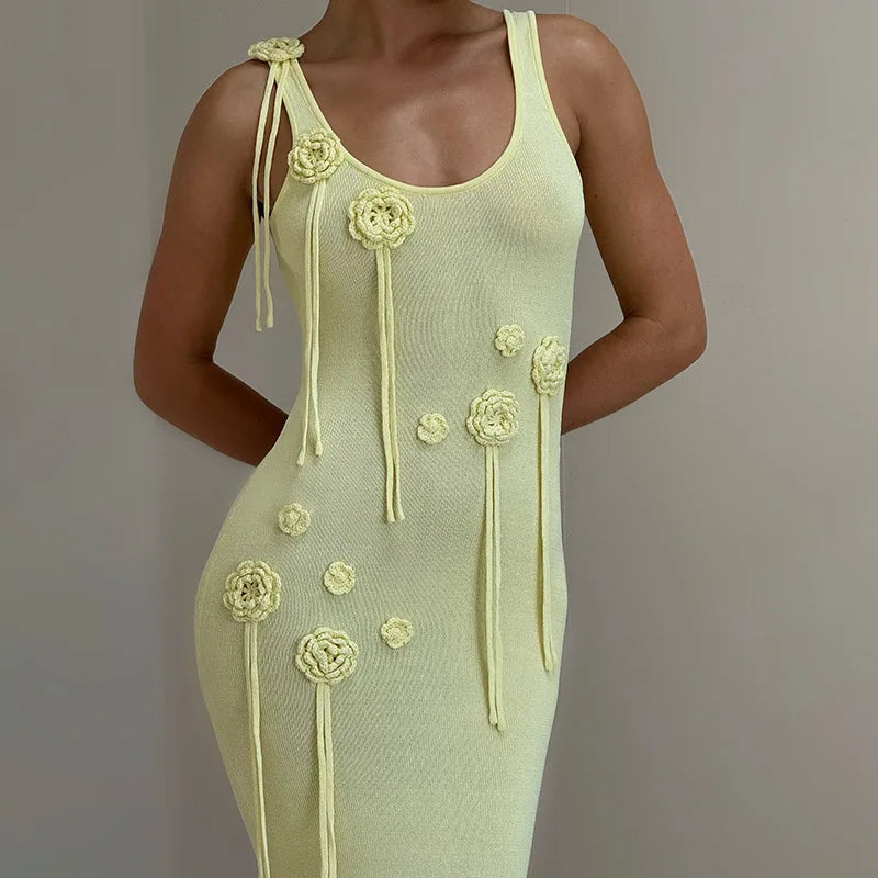 3D Floral Appliqué Knit Maxi Dress – Sleeveless Sculpted Fit