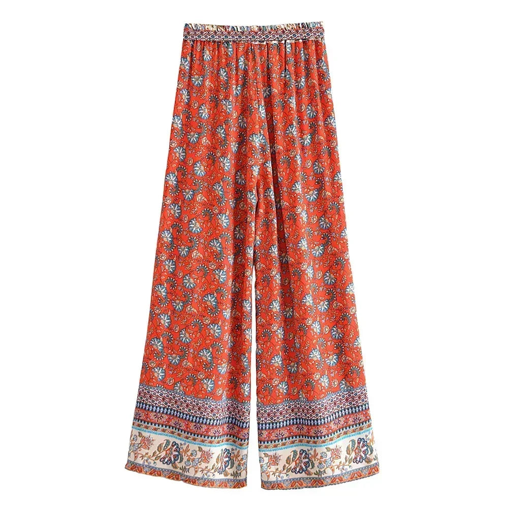 Red Floral Boho Two-Piece Set – Strapless Crop Top & Wide-Leg Pants
