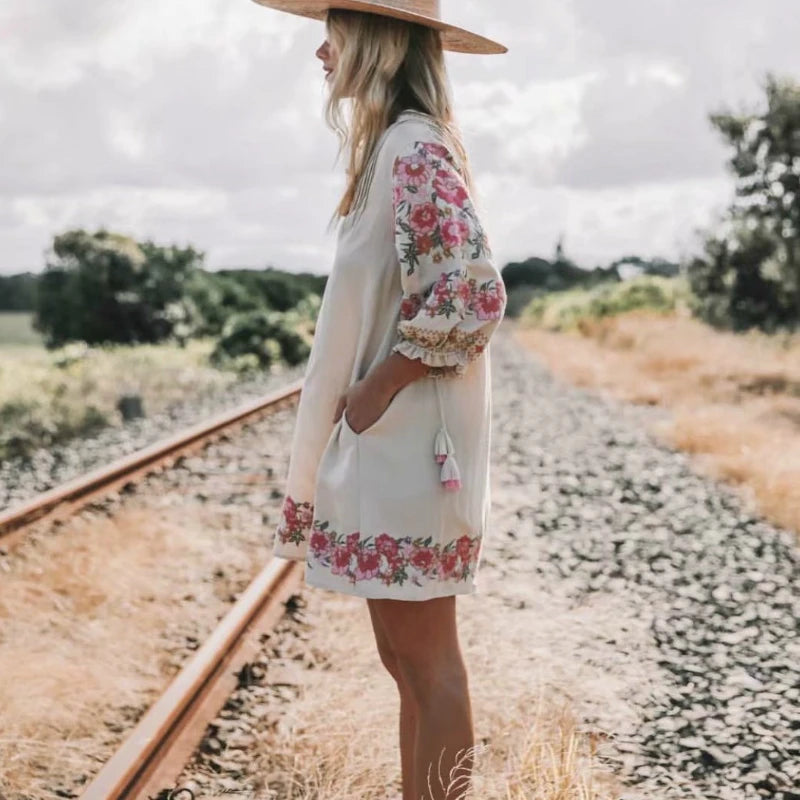 Boho Embroidered Linen Mini Dress – Loose Fit with Balloon Sleeves