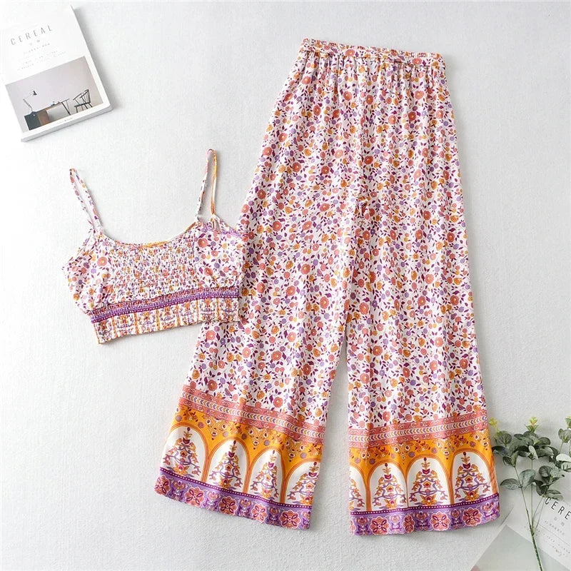 Bohemian Bloom: Floral Crop Top & Wide-Leg Pants Set