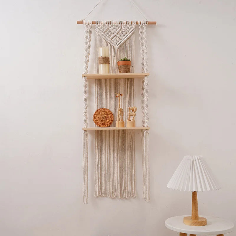 Boho Macramé Wall Hanging Shelf – Cotton Rope & Beech Wood