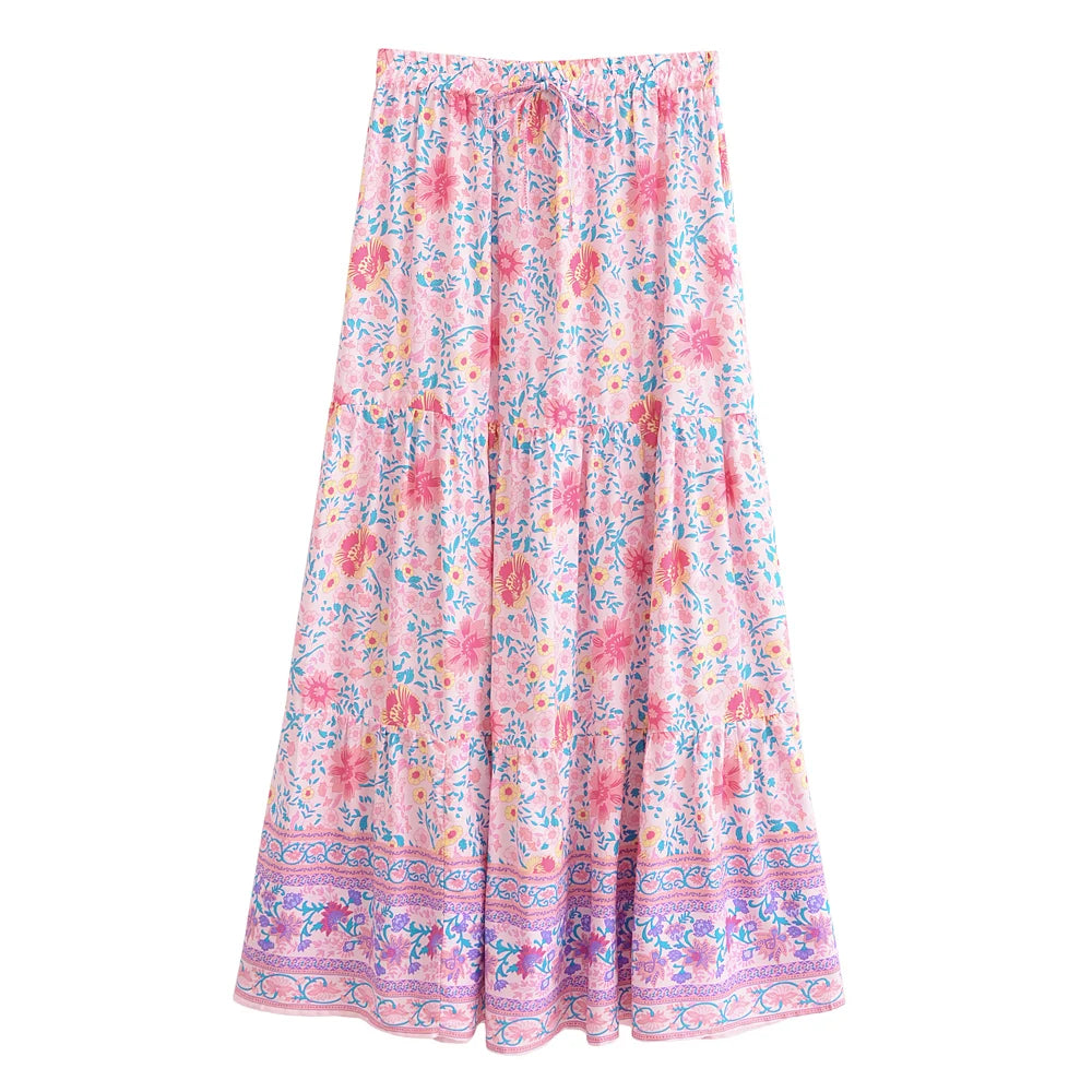 Blush Meadow Floral Boho Maxi Skirt