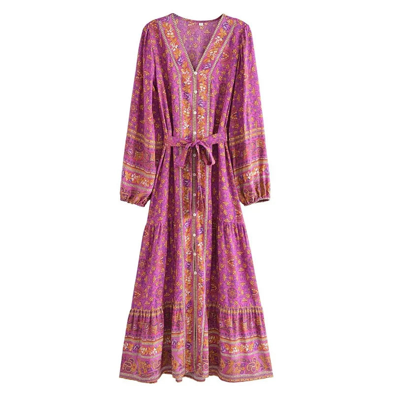 🌿 Boho Button-Up Floral Maxi Dress – Green, Red, or Brown