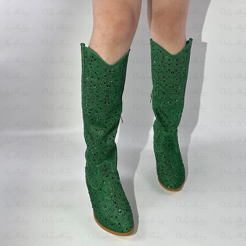 Green Rhinestone Cowgirl Boots – Star Cutout Western Mid-Calf Boots
