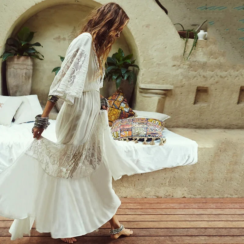 Boho Luxe White Cotton Maxi Dress – One Size