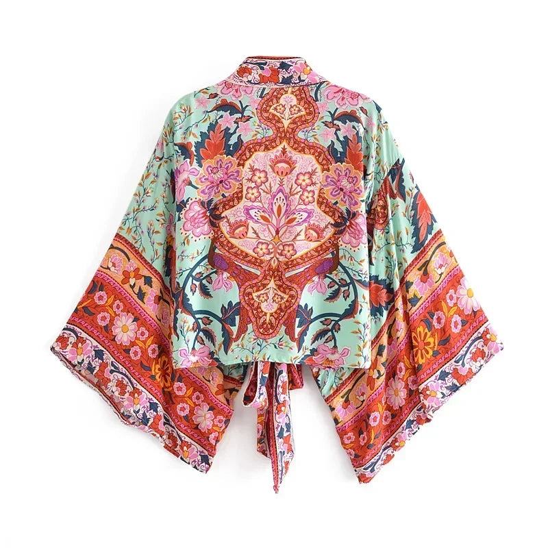 Boho Tie-Front Floral Kimono – Lightweight Rayon Beach Cover-Up
