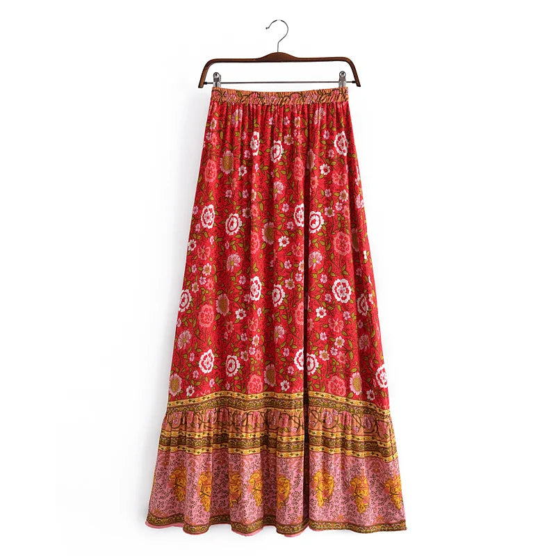 Boho Floral Elastic Waist Maxi Skirt – 100% Rayon