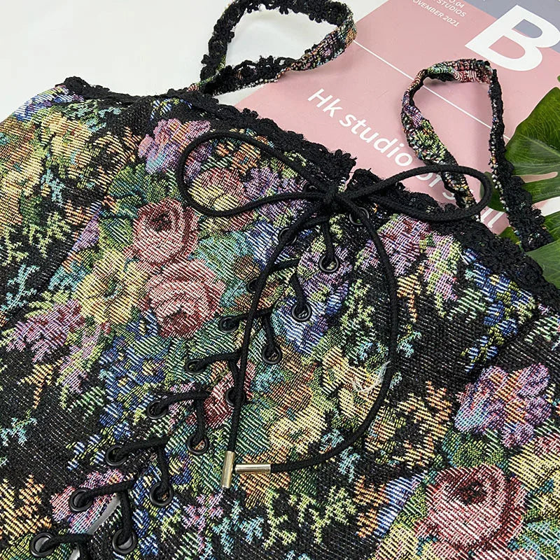 Boho Floral Lace-Up Corset Crop Top – Adjustable Fit