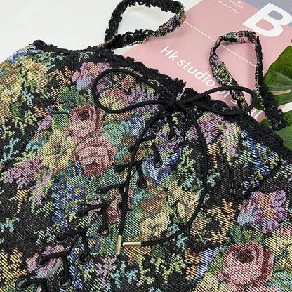 Boho Floral Lace-Up Corset Crop Top – Adjustable Fit