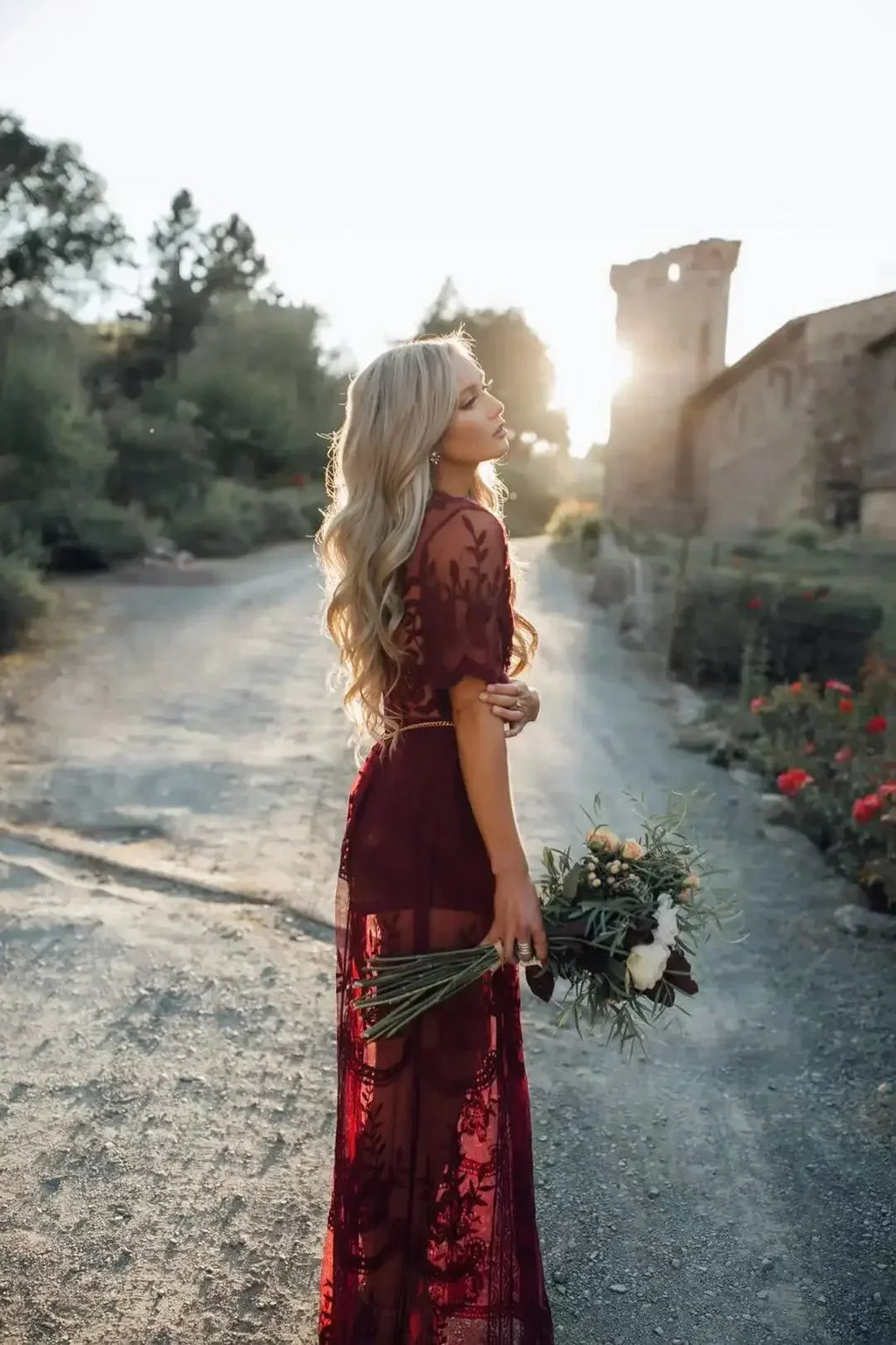 Scarlet Muse: Boho Lace Maxi Dress with Thigh-High Slit