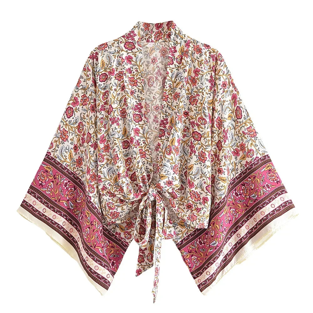 Boho Tie-Front Floral Kimono – Lightweight Rayon Beach Cover-Up