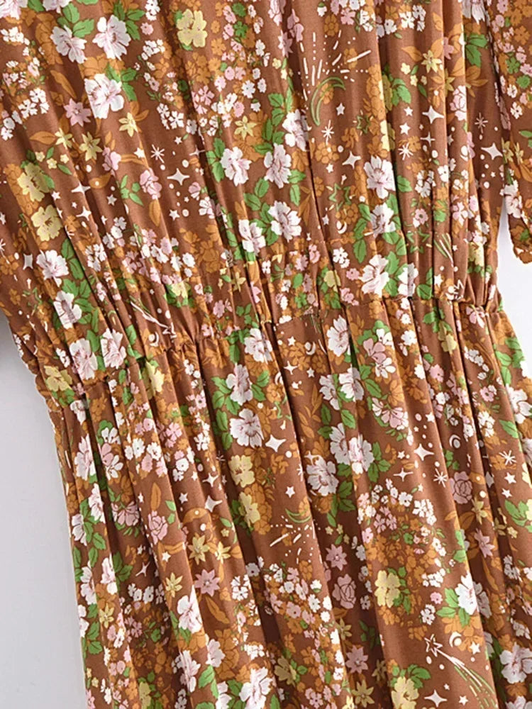 Boho Garden Walk Maxi Dress – Brown Floral