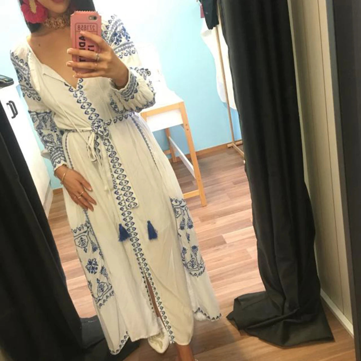🌿 Boho Goddess Embroidered Maxi Robe