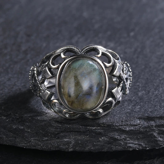 🌒 Natural Labradorite 925 Silver Statement Ring
