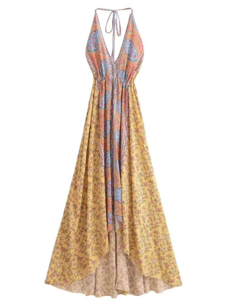 Goddess Glow: Boho Halter High-Low Maxi Dress
