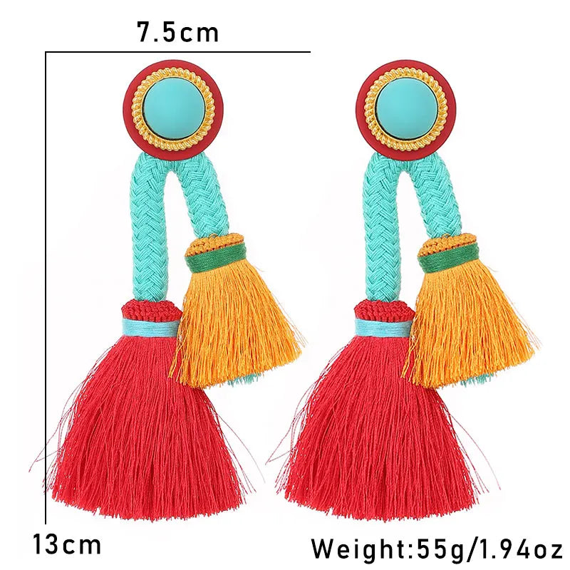 Boho Statement Tassel Earrings – Colorful Yarn Drop Earrings (13cm)