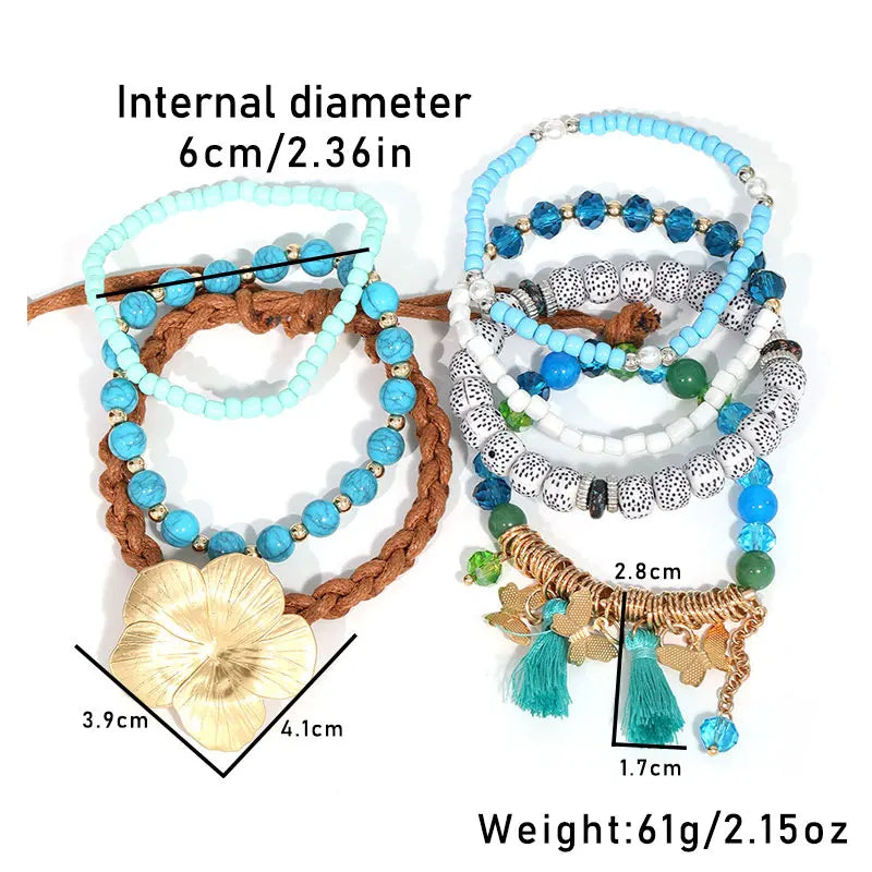 Ocean Bloom Boho Stacked Bracelet Set - Floral & Tassel Charm