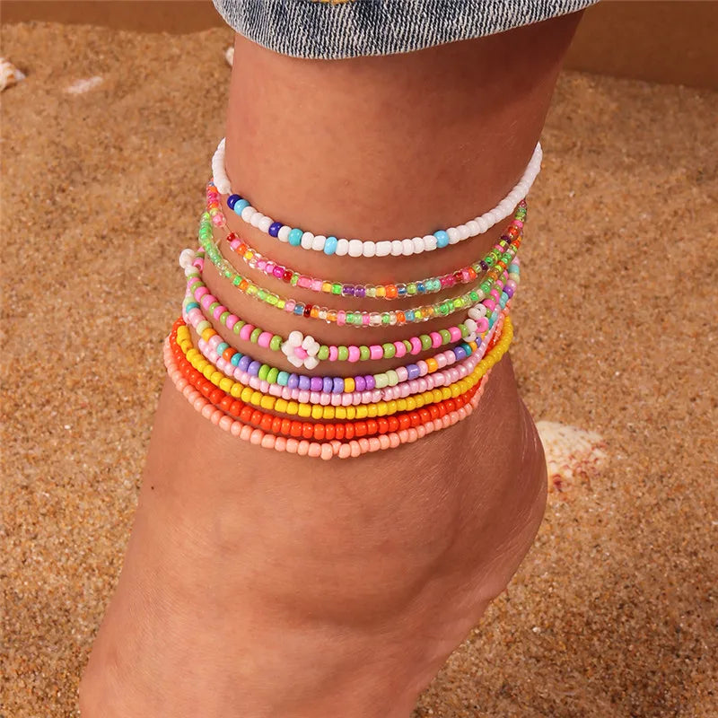 🌈 Boho Beaded Anklet Set – Vibrant Summer Vibes