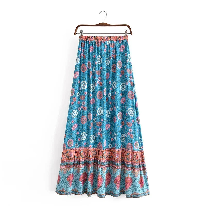 Boho Floral Elastic Waist Maxi Skirt – 100% Rayon