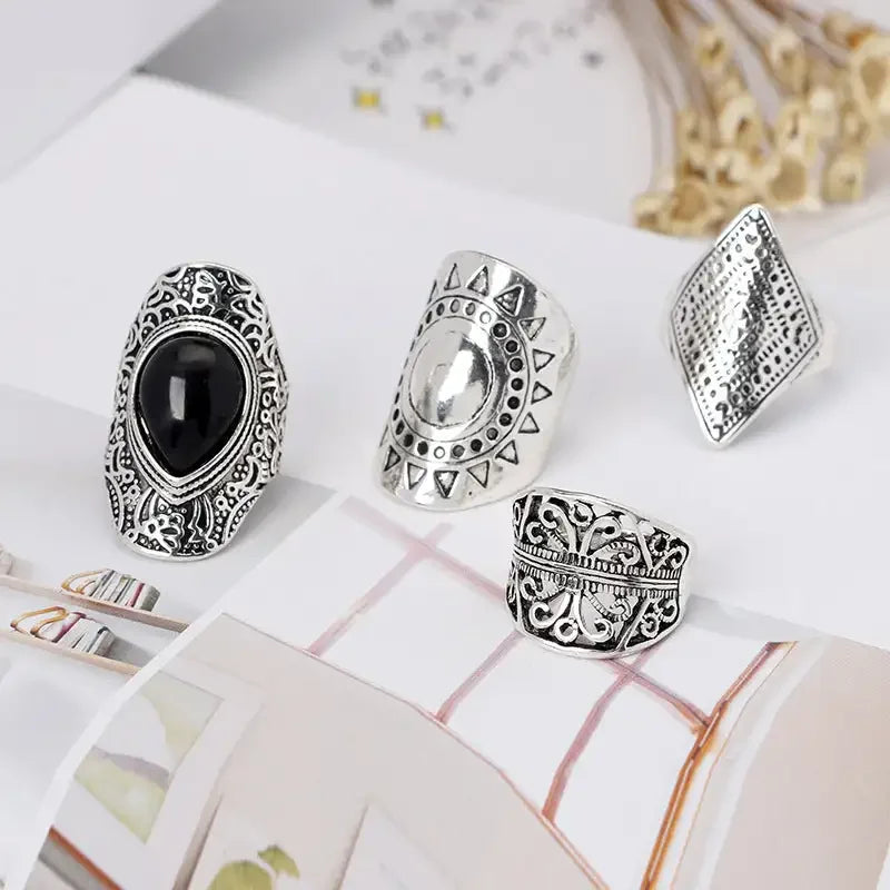 4-Piece Boho Vintage Silver Ring Set