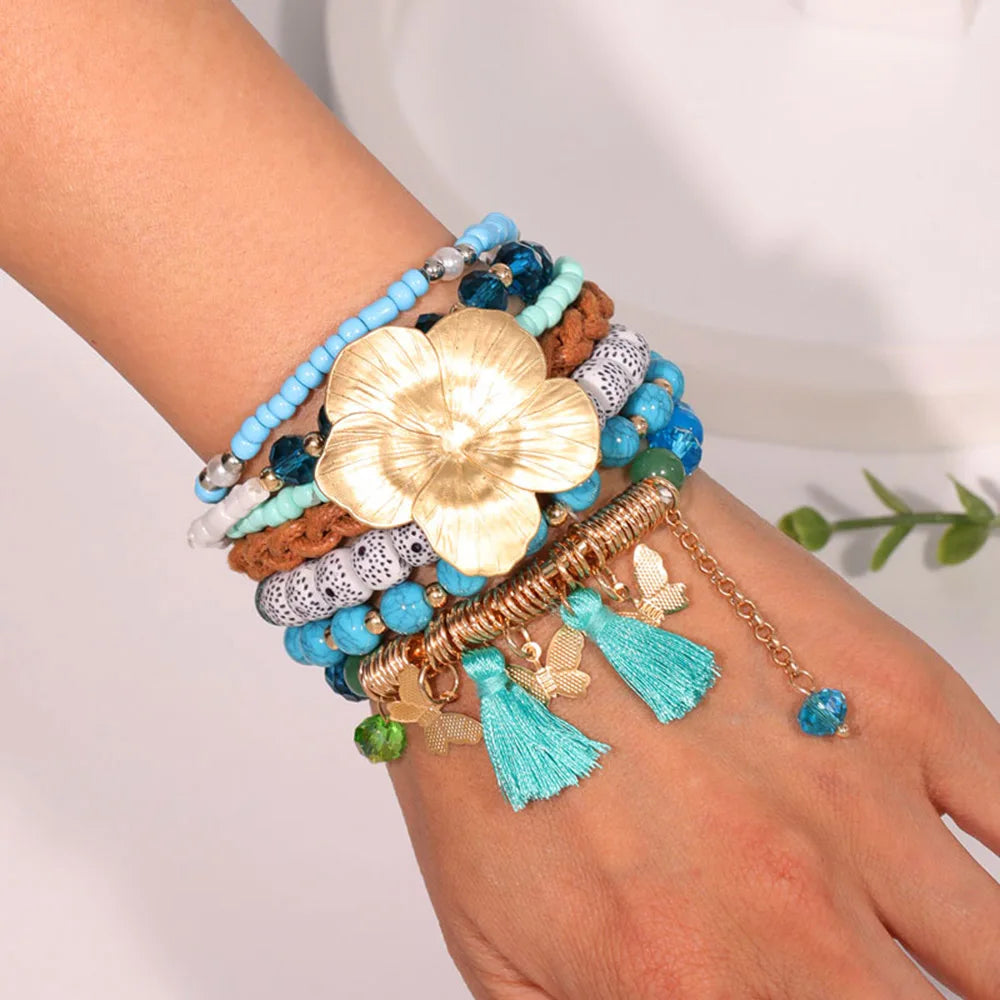 Ocean Bloom Boho Stacked Bracelet Set - Floral & Tassel Charm
