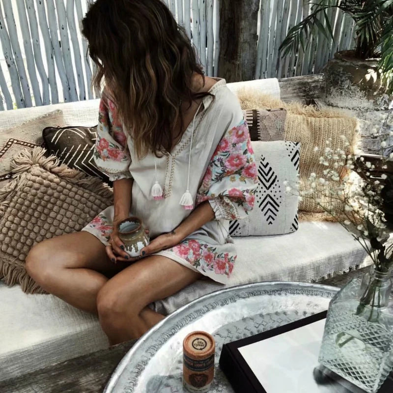 Boho Embroidered Linen Mini Dress – Loose Fit with Balloon Sleeves