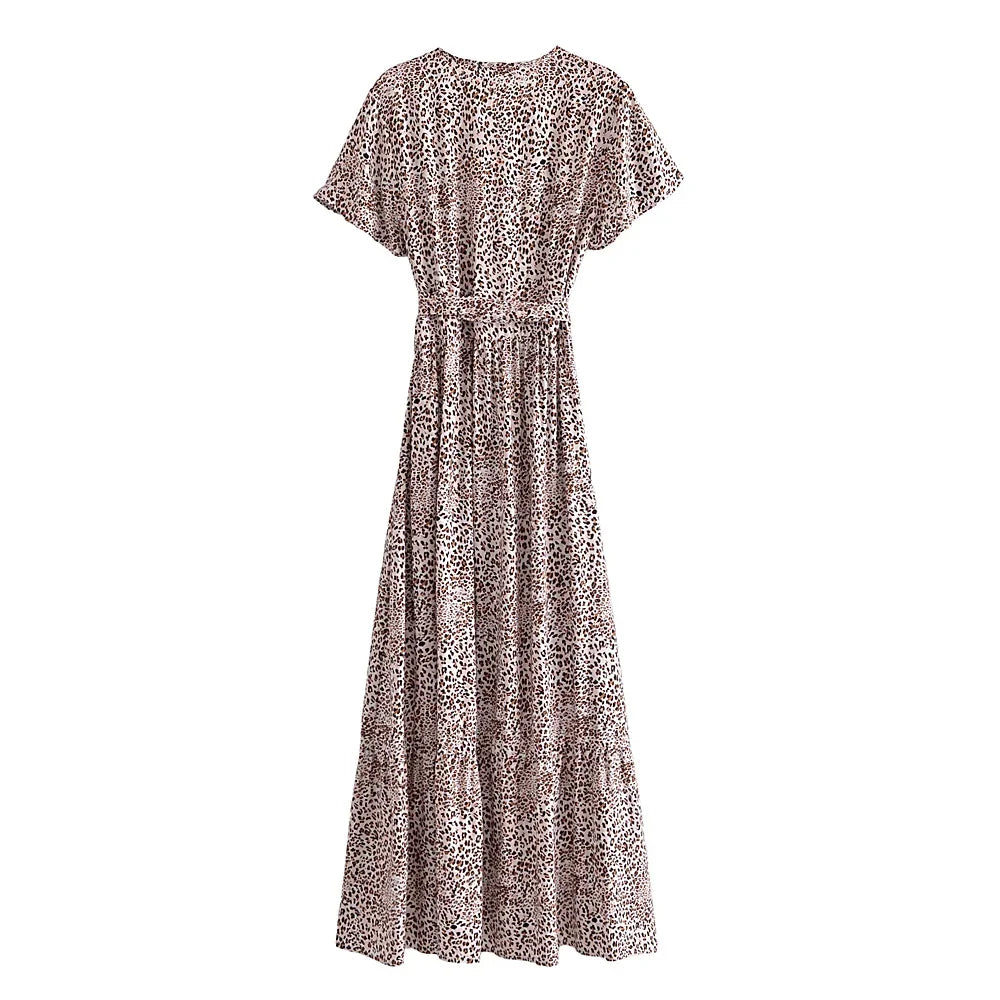 Boho Ruffle V-Neck Leopard Maxi Dress