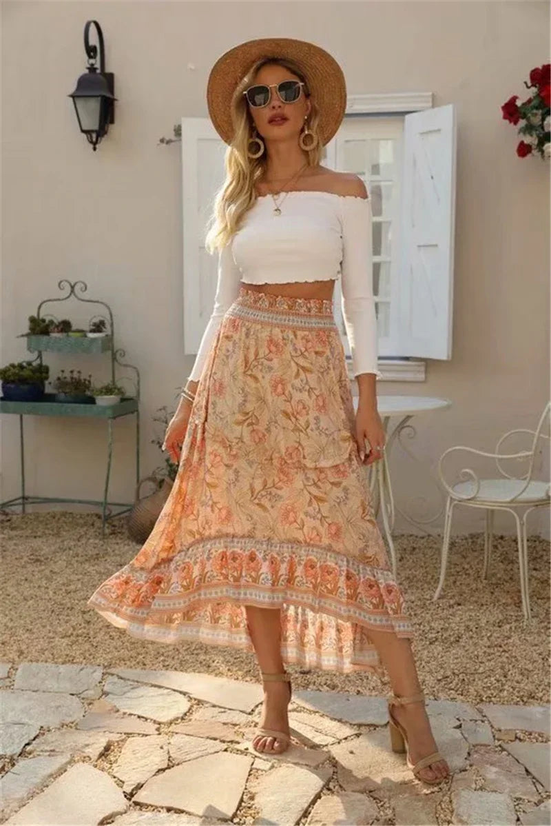 Boho Floral Peacock Print Maxi Skirt – High Waist A-Line Beach Skirt