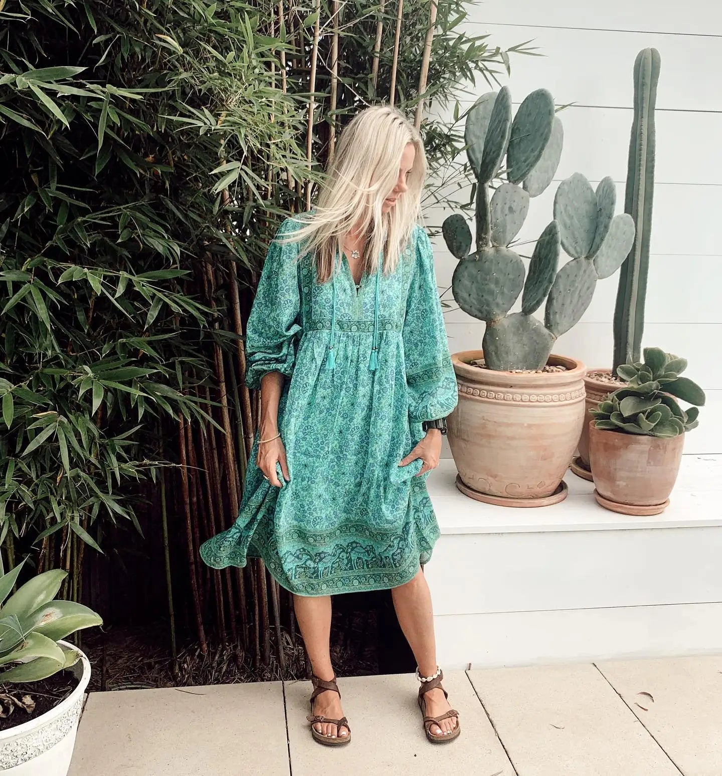Emerald Breeze Boho Midi Dress