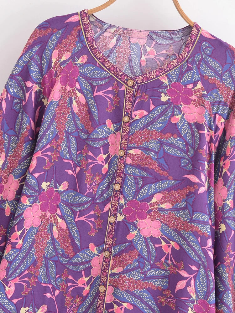 Purple Feather Boho Blouse – Button Detail &amp; Flowy Fit