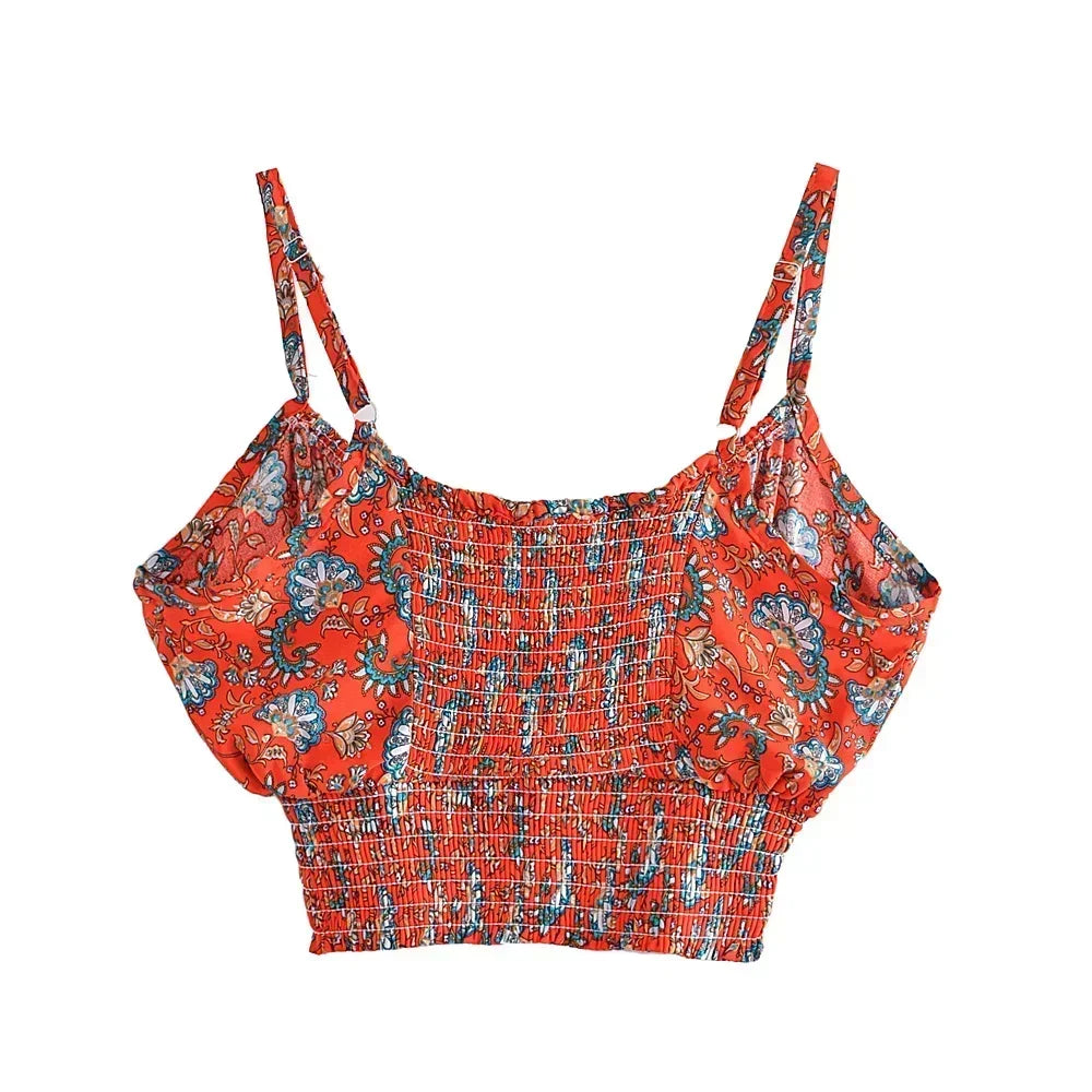 Red Floral Boho Two-Piece Set – Strapless Crop Top & Wide-Leg Pants