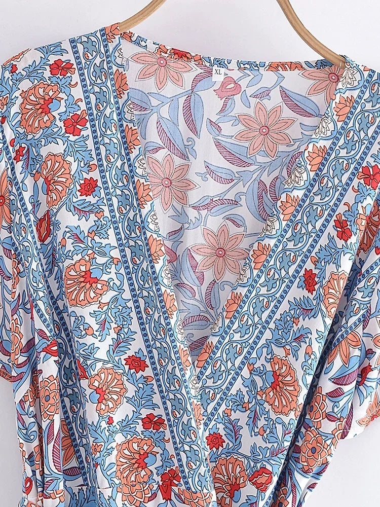 Boho Print V-Neck Maxi Dress – Blue