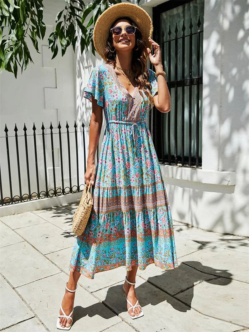Boho Floral Button-Front Maxi Dress – Cotton &amp; Rayon Blend