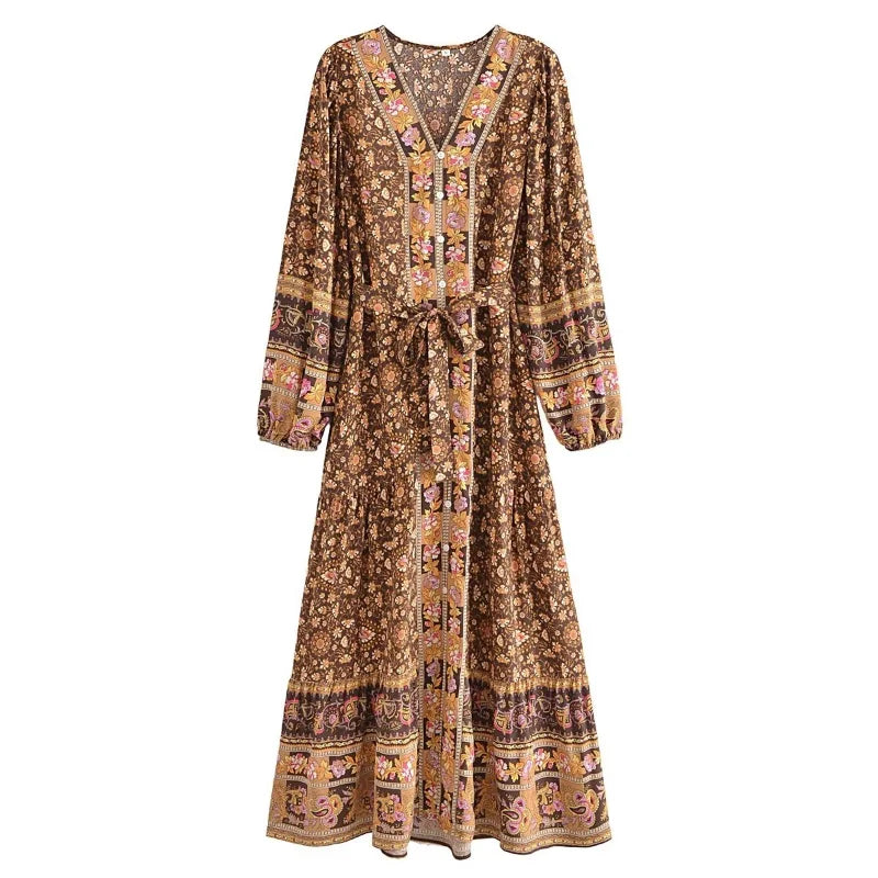 🌿 Boho Button-Up Floral Maxi Dress – Green, Red, or Brown