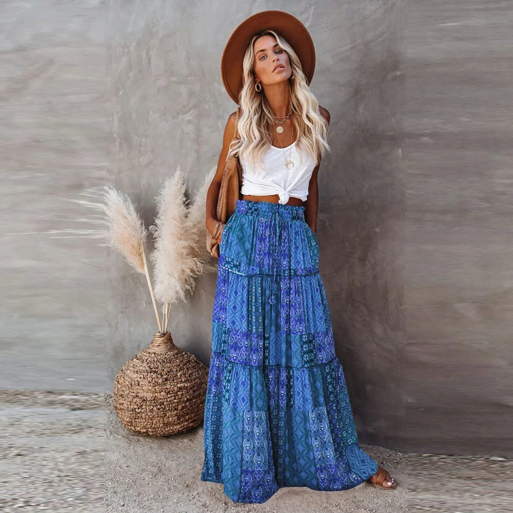 Kaleidoscope Dream: Boho Patchwork Print Maxi Skirt