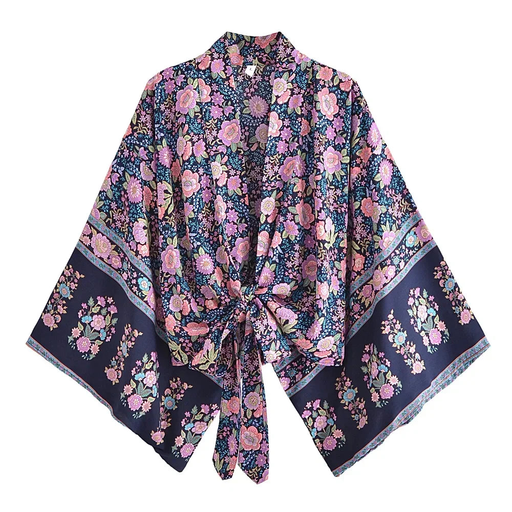Boho Tie-Front Floral Kimono – Lightweight Rayon Beach Cover-Up