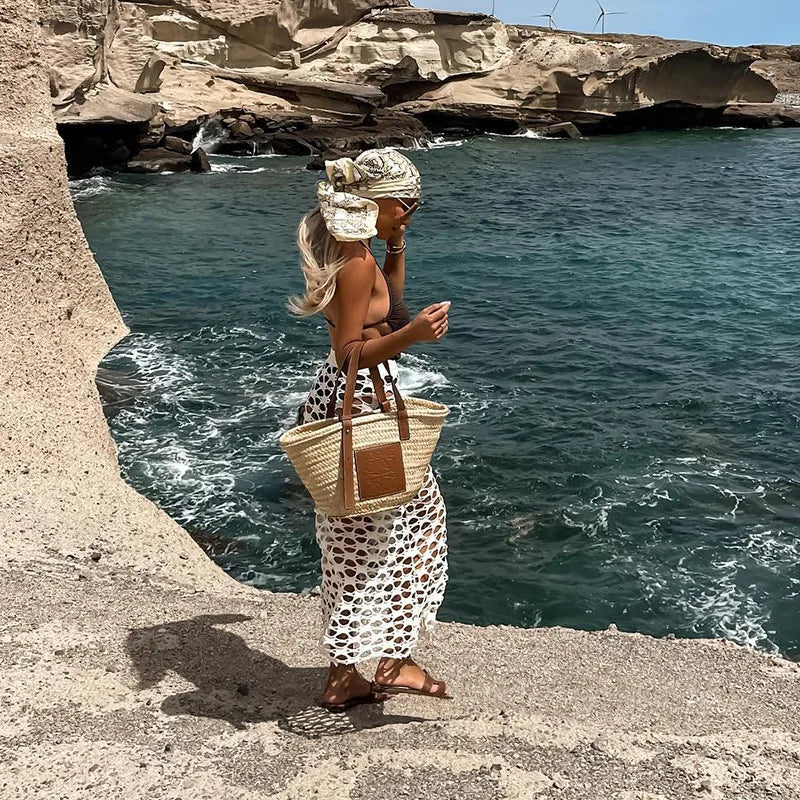 Boho Hollow Knit Maxi Skirt – High-Waisted Beach Cover-Up