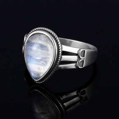🌙 Teardrop Moonstone 925 Silver Ring – 9x13mm Natural Stone