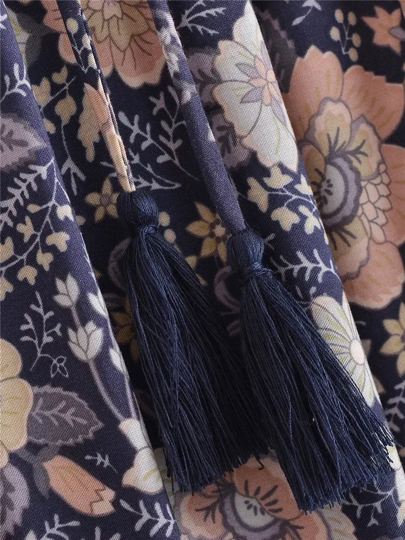Midnight Bloom: Boho Floral Tassel Maxi Skirt