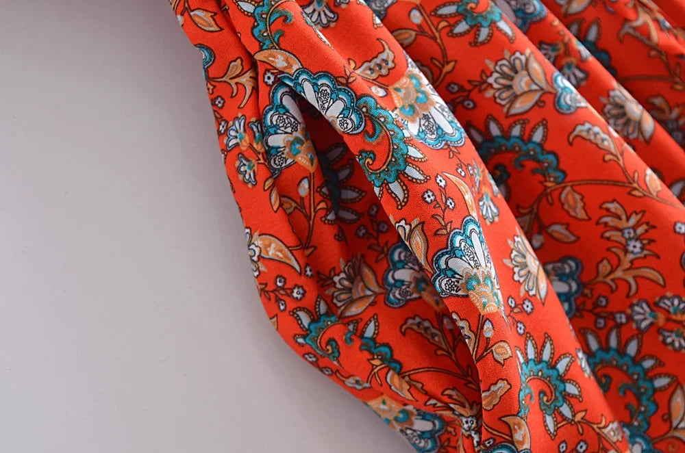 Boho Red Floral Maxi Dress – Cotton & Rayon Blend