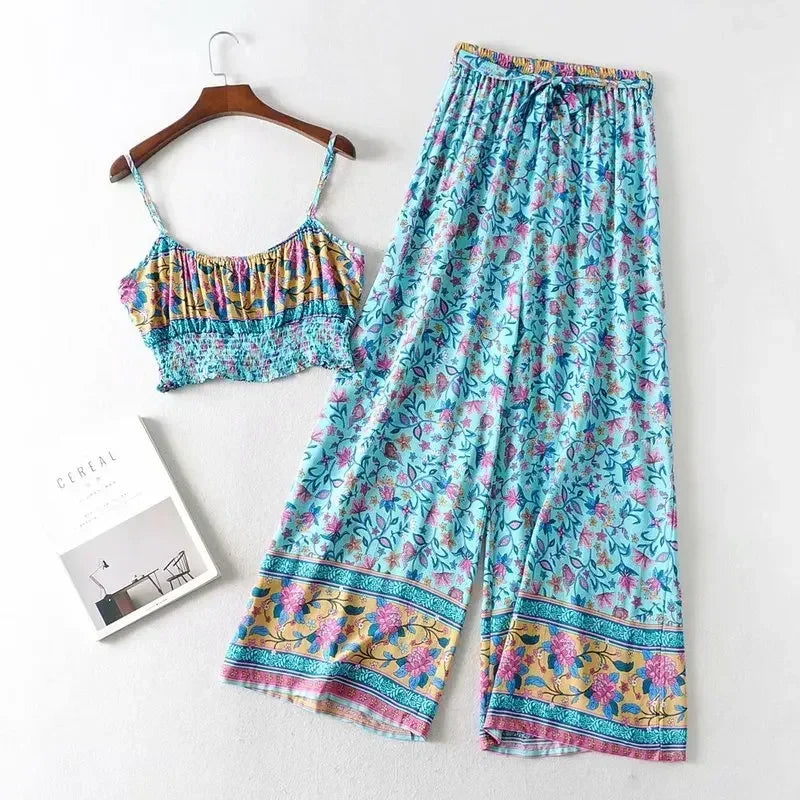 Azure Bloom: Boho Floral Two-Piece Set