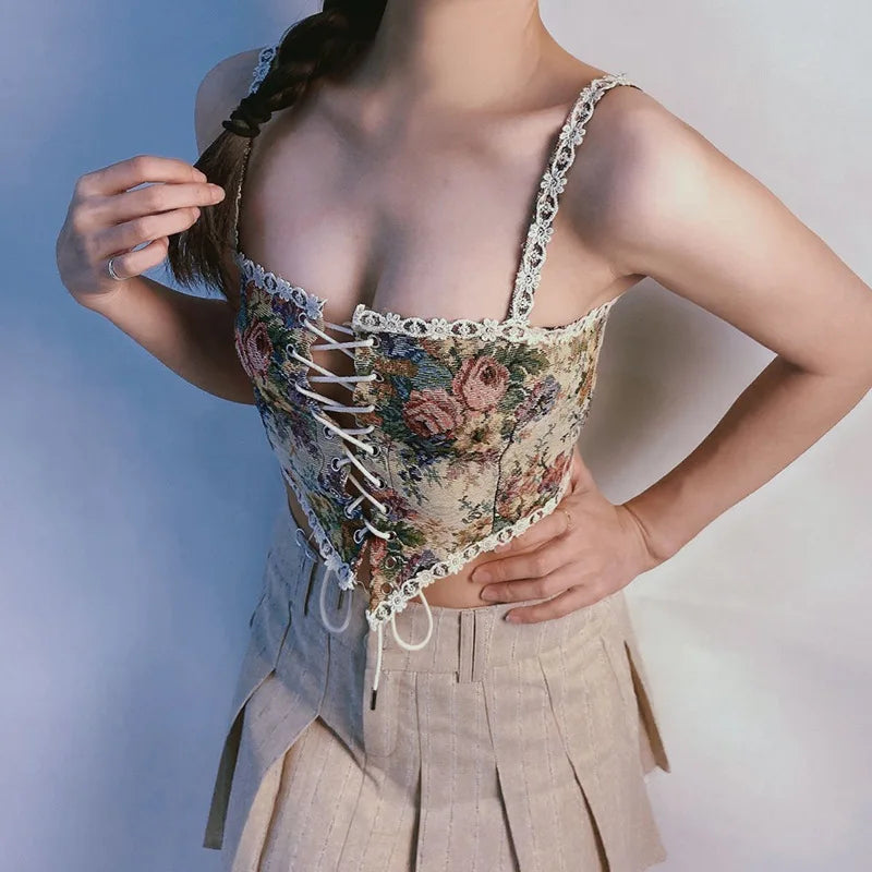 Boho Floral Lace-Up Corset Crop Top – Adjustable Fit