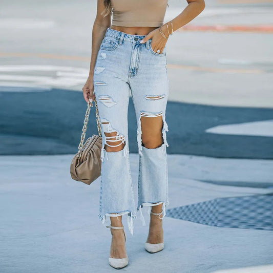 Frayed Cut-Out High Waist Boho Ripped Jeans