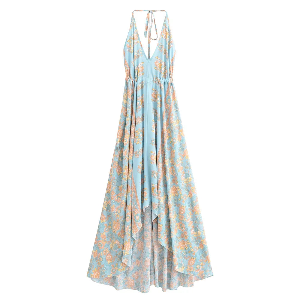 Wild Floral High-Low Boho Maxi Dress – Sexy Open Back Tassel Dress