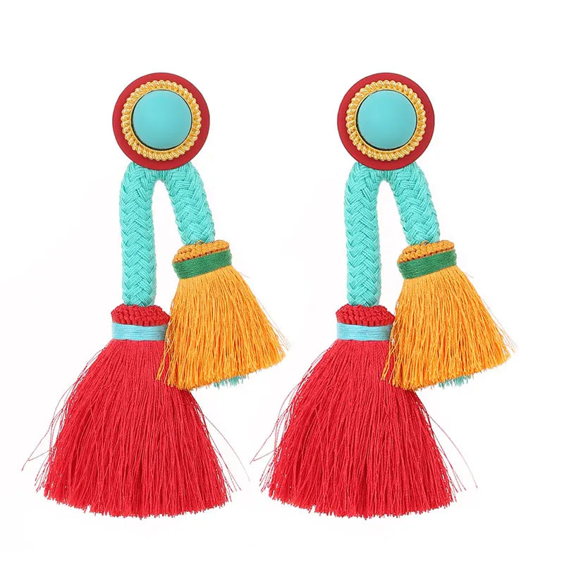 Boho Statement Tassel Earrings – Colorful Yarn Drop Earrings (13cm)